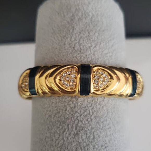 VTG Joan Rivers Hinged Bangle Gold Tone‎ with Green Enamel and Crystals Signed - Picture 1 of 7